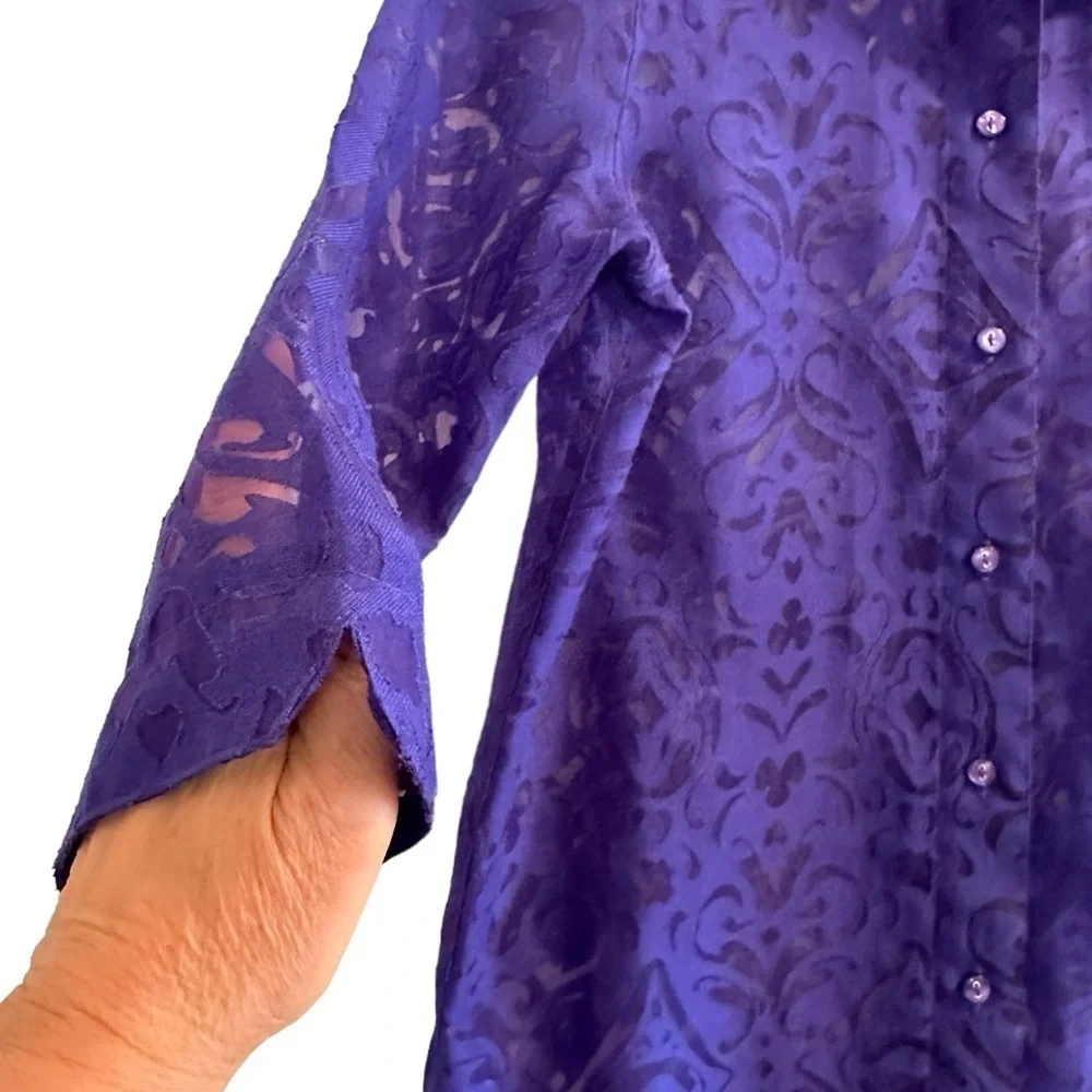 Allison Daley Deep Purple Sheer Button Down Blouse Womens 8 Lovely Summer Top - Picture 5 of 16